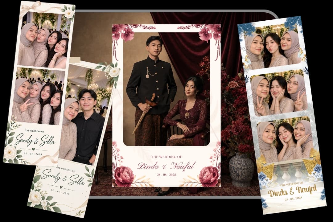 Tampilan virtual photobooth online di laptop beserta strip foto